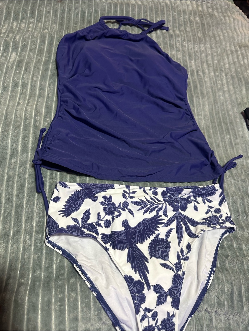 Navy Halter Tankini with Floral Bird High-Waist Bottoms